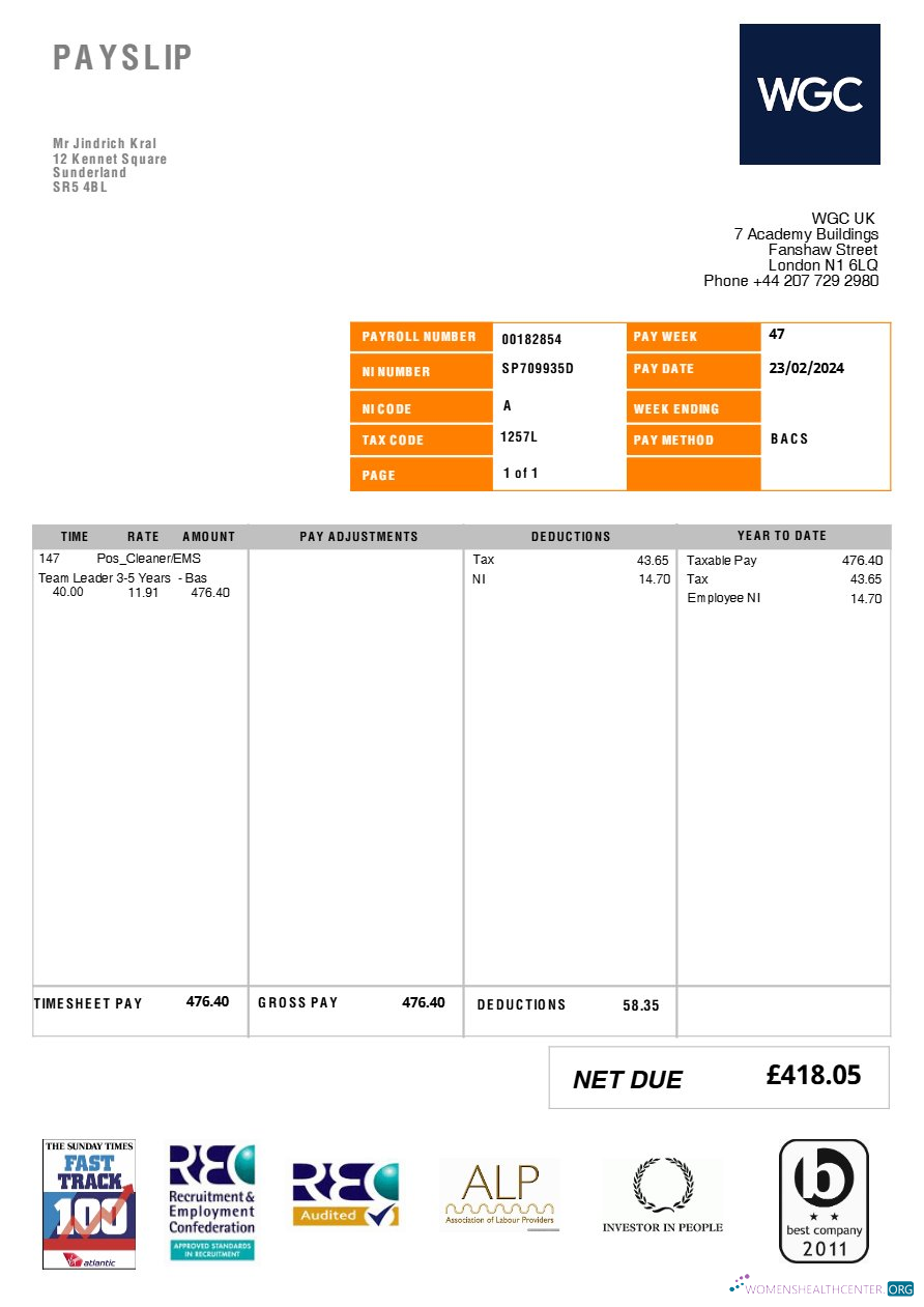 Download United Kingdom WGC cleaning service payslip template in Word and PDF formats.pdf, 1 Photoshop template